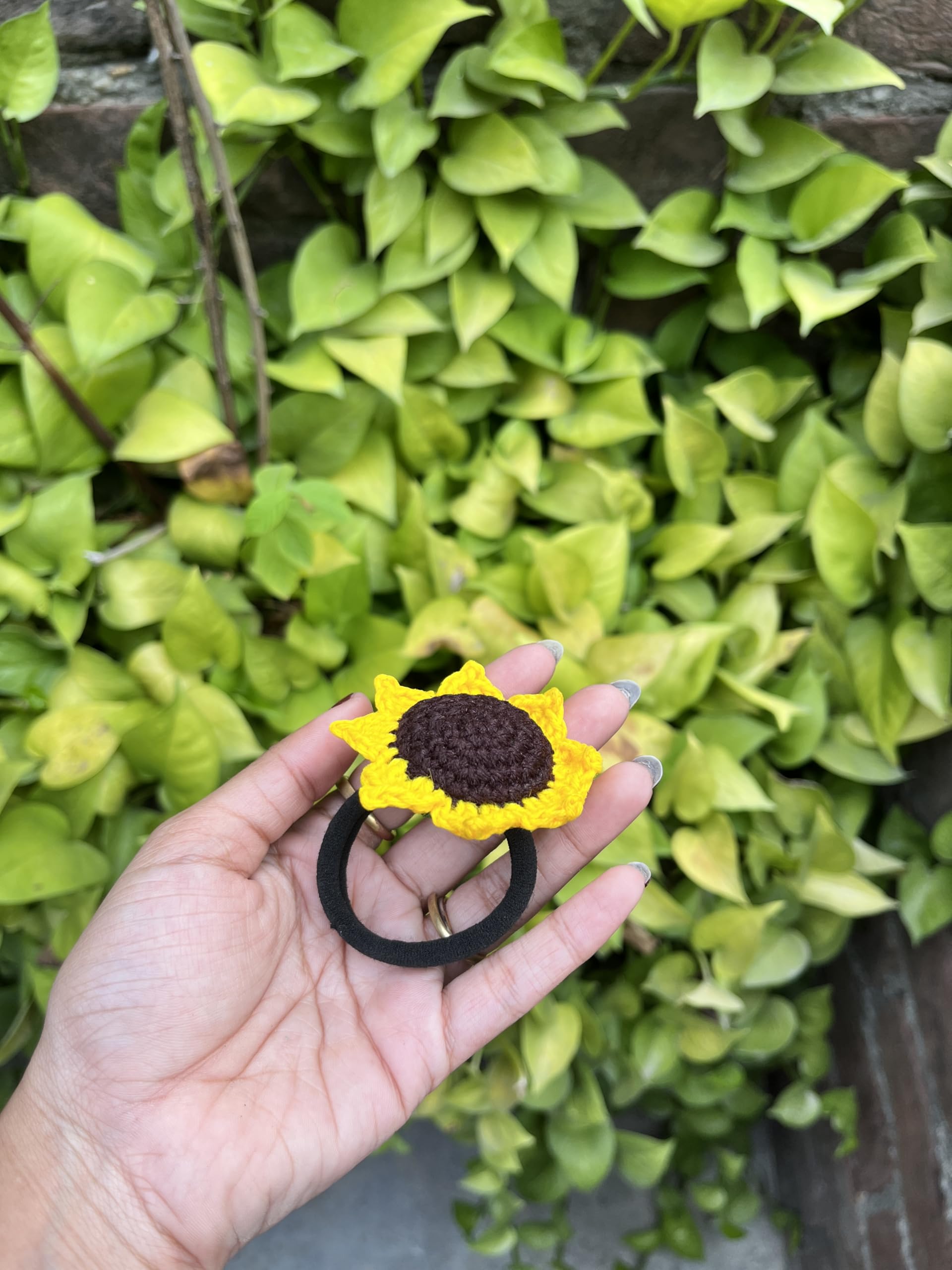 Handmade Crochet Sunflower Hair Tie, Yellow and Brown, Hair